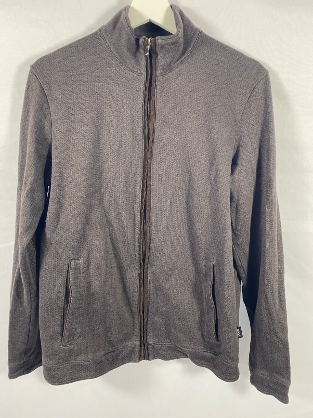 Hugo Boss Full Zip Sweatshirt Jacket Mens Sz Medium Brown Elbow Patches Pockets
